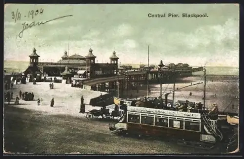 AK Blackpool, Central Pier, Strassenbahn