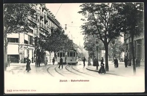 AK Zürich, Bahnhofstrasse mit Strassenbahn