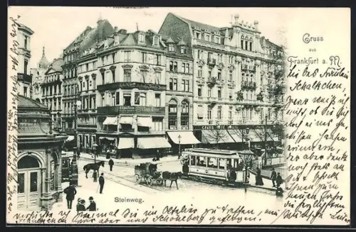 AK Frankfurt, Strassenbahn auf dem Steinweg, Pferdekutsche
