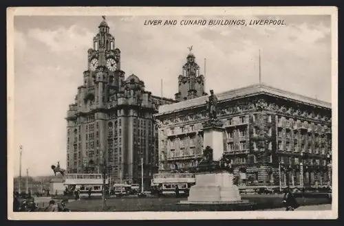 AK Liverpool, Liver an Cunard Buildings, Strassenbahn