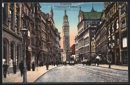 AK Augsburg, Perlachturm und Rathaus mit Strassenbahn