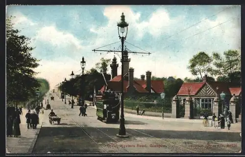 AK Glasgow, Great Western Road, Strassenbahn