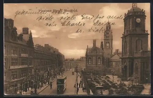 AK Sheffield, Pinstone Street, Strassenbahn