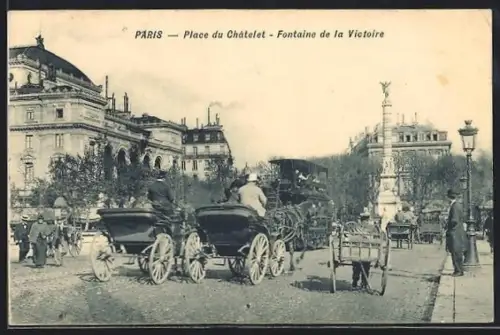 AK Paris, Place du Châtelet, Fontaine de la Victoire, Strassenbahn