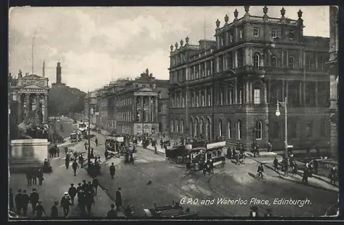 AK Edinburgh, G. P. O. and Waterloo Place, Strassenbahn