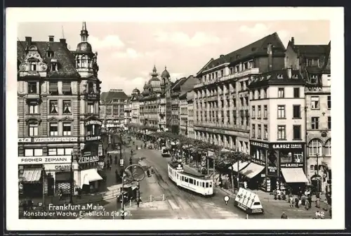 AK Frankfurt a. Main, Konstabler Wache mit Geschäften und Strassenbahn