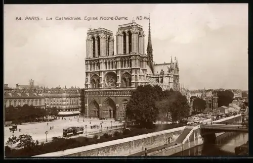 AK Paris, La Cathédrale, Eglise Notre-Dame, Strassenbahn