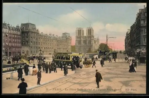 AK Paris, La Place Saint-Michel, Strassenbahn