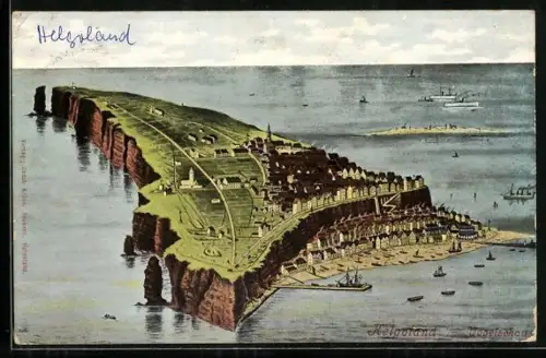 Lithographie Helgoland, Gesamtansicht der Insel und Hafen