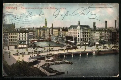 AK Hamburg, Reesendammbrücke, Alsterarkaden mit Strassenbahn