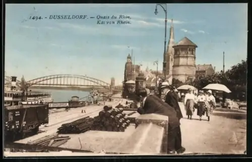 AK Düsseldorf, Rheinquai, Kai von Rhein, Brücke