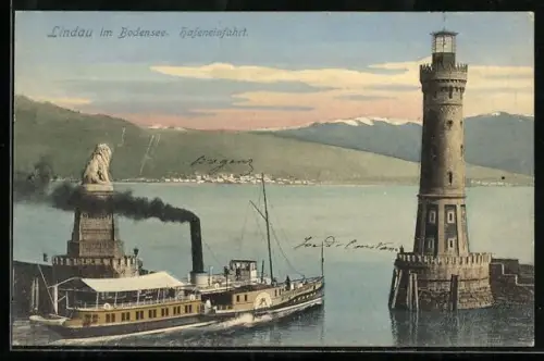 AK Lindau im Bodensee, Hafeneinfahrt, Leuchtturm, Löwe, Dampfschiff