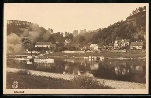 AK Rathen, Dampfschiff auf der Elbe, Ortsansicht