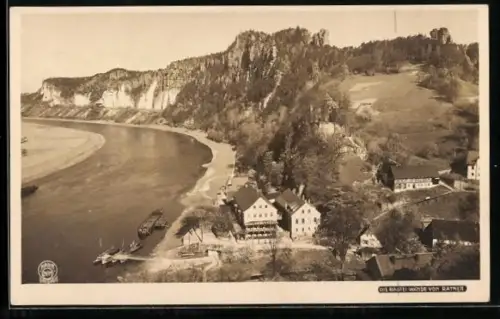 AK Rathen, Ansicht von Barthel, Elbe, Felsen, Häuser