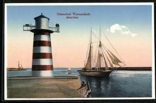 AK Warnemünde, Mittel-Mole, Leuchtturm, Segelschiff