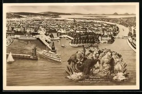 AK Konstanz /Bodensee, Ortsansicht mit Hafen, Frösche im Wasser