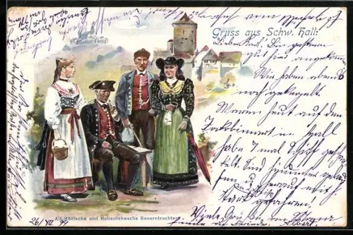 Lithographie Schw. Hall, Hällische und Hohenlohesche Bauerntrachten