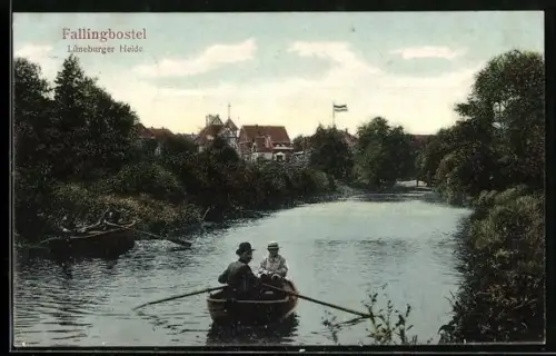 AK Fallingbostel /Lüneburger Heide, Flusslandschaft mit Ruderboot