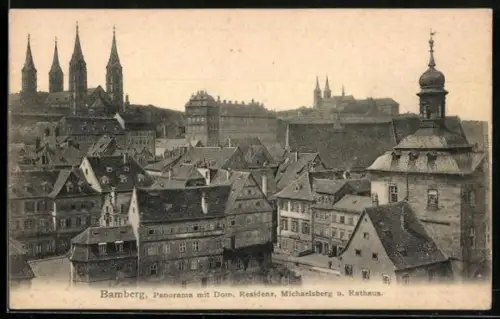 AK Bamberg, Panorama mit Dom, Residenz, Michaelsberg, Rathaus