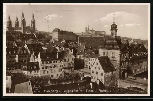 AK Bamberg, Teilansicht mit Dom und Rathaus