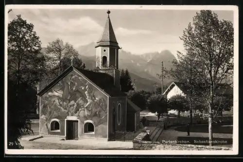 AK Partenkirchen, Sebastianskirche gegen die Berge