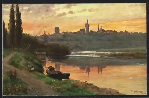 AK Wimpfen am Berg, Ortsansicht mit Fluss und Silhouette im Abendrot