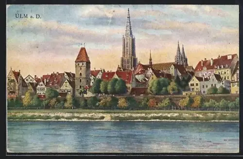 AK Ulm a. D., Stadtmauer, Münster, Donauufer