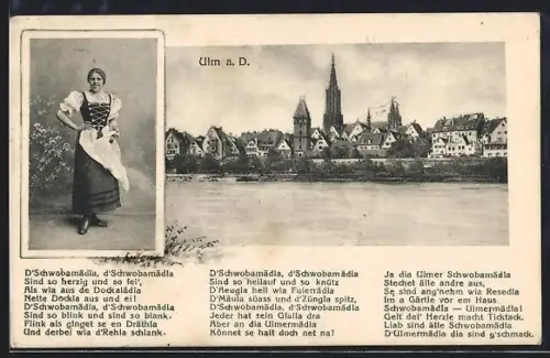 AK Ulm a. D., Stadtansicht mit Münster und Schwäbisches Trachtenmädchen