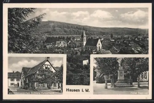 AK Hausen i. W., Gesamtansicht, Hebel-Denkmal, Hebel-Heimathaus