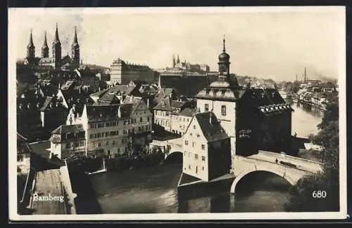 AK Bamberg, Altes Rathaus und Dom aus der Vogelschau