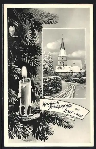 AK Laer i. Westf., Kirche im Winter, Tannenzweig, Kerze