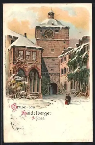 Lithographie Heidelberg, Schloss, Innerer Schlosshof