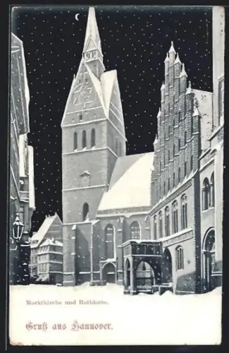 AK Hannover, Marktkirche, Rathaus, Winteransicht