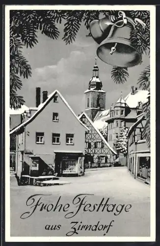 AK Zirndorf, Verschneite Ortsansicht mit Kirche und festlicher Dekoration