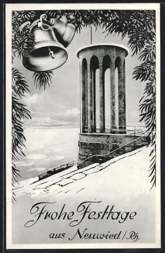 AK Neuwied /Rh., Denkmal am Rhein im Winter, Festtagskarte