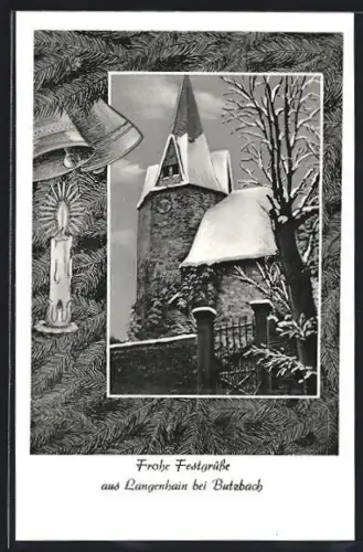 AK Langenhain bei Butzbach, Verschneiter Kirchturm im Winter
