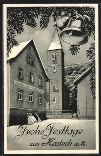 AK Hasloch a. M., Gasthaus zum goldenen Stern, evangelische Kirche