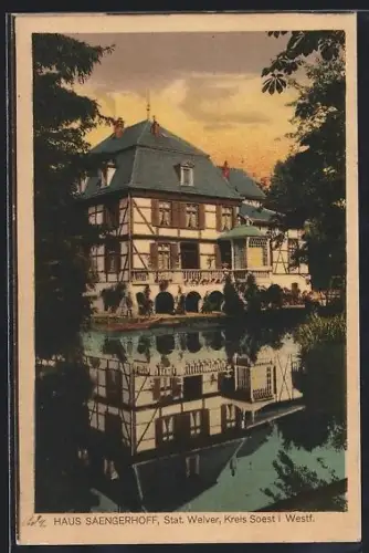 AK Welver /Soest, Haus Saengerhoff, Fachwerkvilla am Wasser