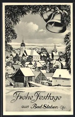 AK Bad Steben /Ofr., Winterliche Ortsansicht mit Kirche und Glocken