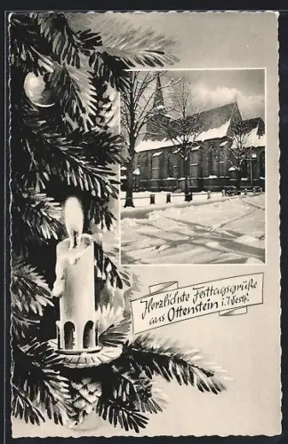 AK Ottenstein i. Westf., Kirche im Winter, Weihnachtsmotiv mit Kerze und Tannenzweig