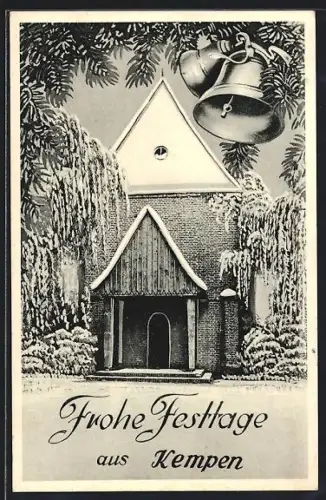AK Kempen, Kirche im Winter, Festtagskarte mit Glocken