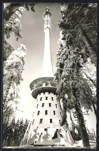 AK Ochsenkopf /Fichtelgebirge, Fernsehturm im Winter, verschneite Bäume