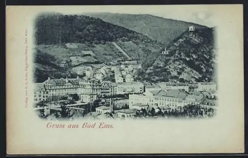 Mondschein-AK Bad Ems, Ortsansicht mit Kurgebäuden und Turm