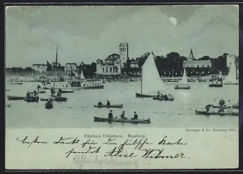 Mondschein-AK Hamburg, Fährhaus Uhlenhorst, Segel- und Ruderboote auf der Alster