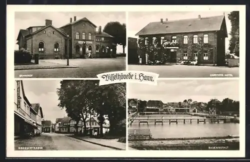 AK Visselhövede i. Hann., Bahnhof, Carstens Hotel, Grossestrasse, Badeanstalt