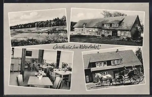 AK Woltern /Fallingbostel, Gasthaus Im Rehwinkel, Inh. H. Offerhaus, Aussenansicht, Gastraum, Pferdegespann