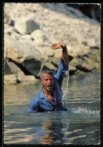 AK Winnetou I. Teil, Lex Barker, Old Shatterhand überquert einen reissenden Fluss