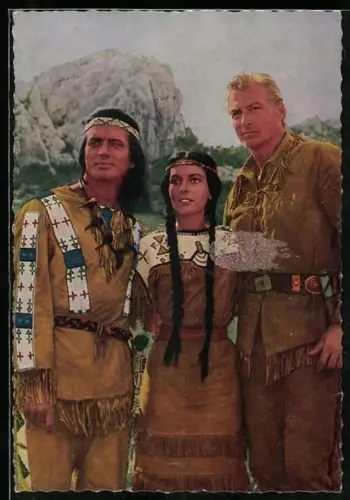 AK Schauspieler Lex Barker, Pierre Brice und Schauspielerin Marie Versini in Winnetou