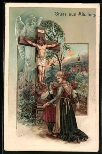 AK Jesus Christus gestern und heute..., Ebr. 13.8, Frau mit Kindern vor Flurkreuz