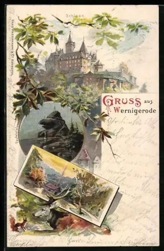 Lithographie Wernigerode, Schloss, Hirsch, Waldpartie